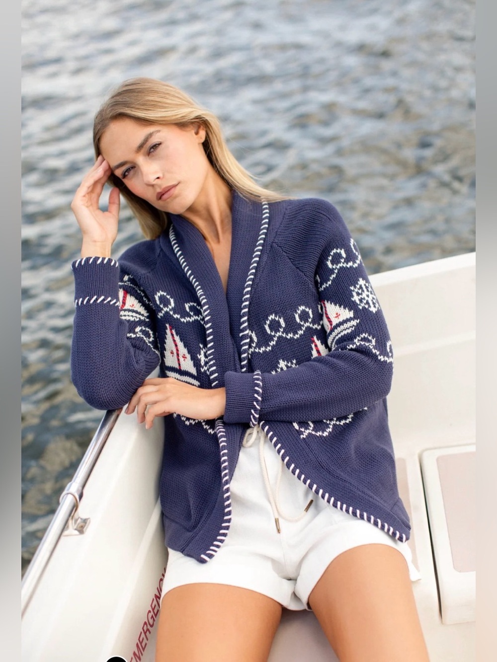 NEW MAREA SHAWL CARDIGAN IN NAUTICAL
INTARSIA - NAVY SIZE XS